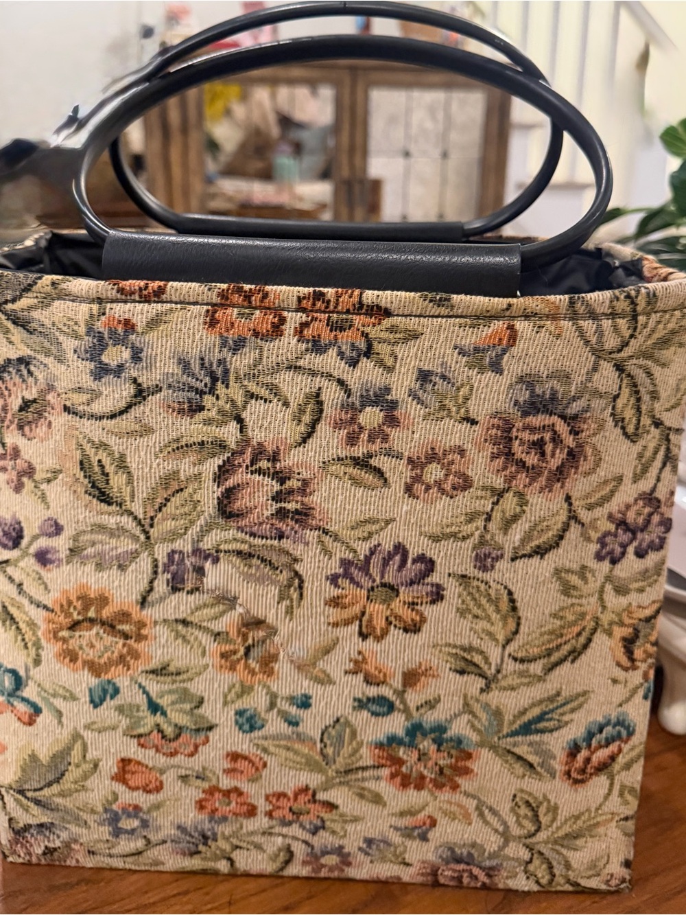 Floral Tapestry Top-Handle Bag in Beige and Multicolor